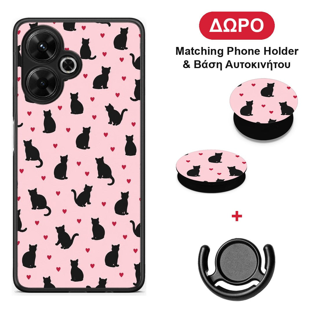 Black Cat Silhouettes and Hearts on Pink - Xiaomi Poco M6 4G θήκη + Δώρο Phone Holder & Βάση Αυτοκινήτου
