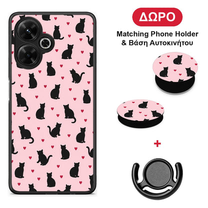 Black Cat Silhouettes and Hearts on Pink - Xiaomi Poco M6 4G θήκη + Δώρο Phone Holder & Βάση Αυτοκινήτου