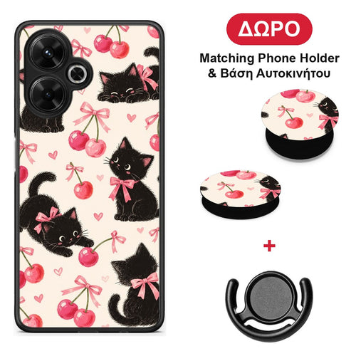 Black Kittens and Cherries on Cream - Xiaomi Poco M6 4G θήκη + Δώρο Phone Holder & Βάση Αυτοκινήτου