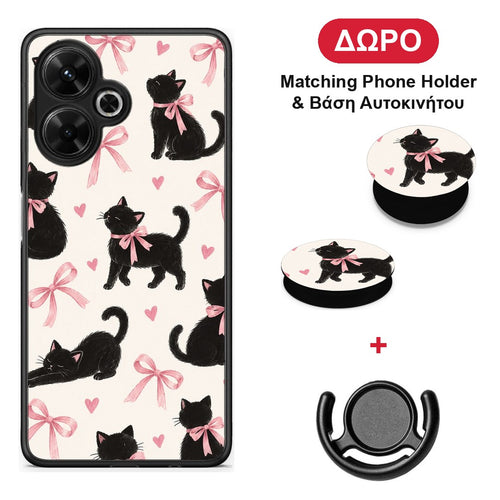 Black Kittens and Pink Bows on Cream Large - Xiaomi Poco M6 4G θήκη + Δώρο Phone Holder & Βάση Αυτοκινήτου