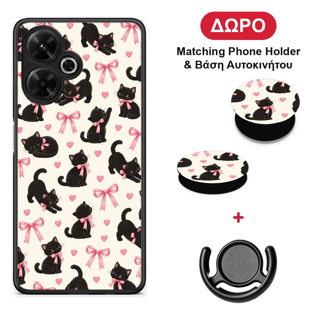 Black Kittens and Pink Bows on Cream Small - Xiaomi Poco M6 4G θήκη + Δώρο Phone Holder & Βάση Αυτοκινήτου