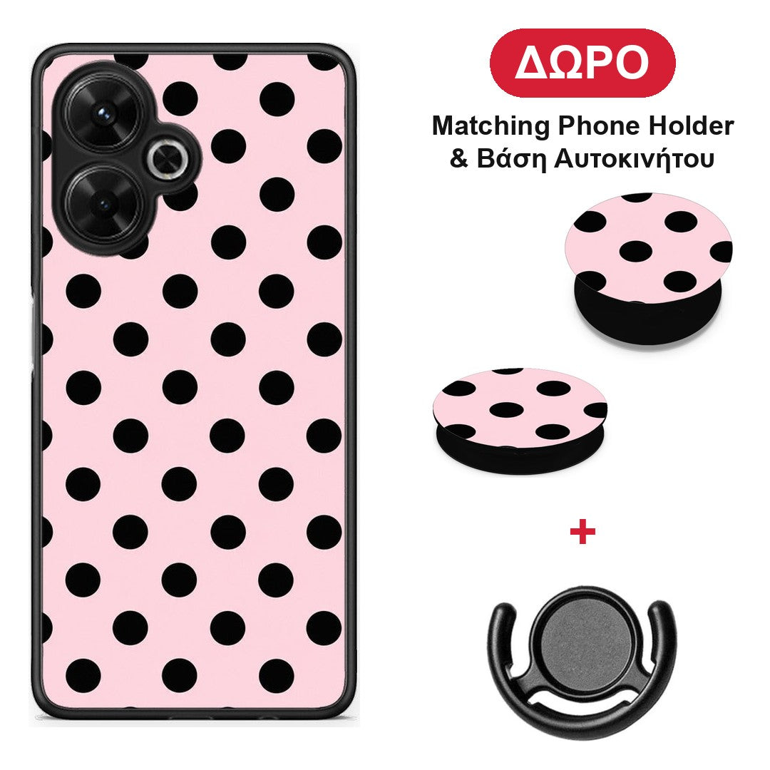 Black Polka Dots on Pink - Xiaomi Poco M6 4G θήκη + Δώρο Phone Holder & Βάση Αυτοκινήτου