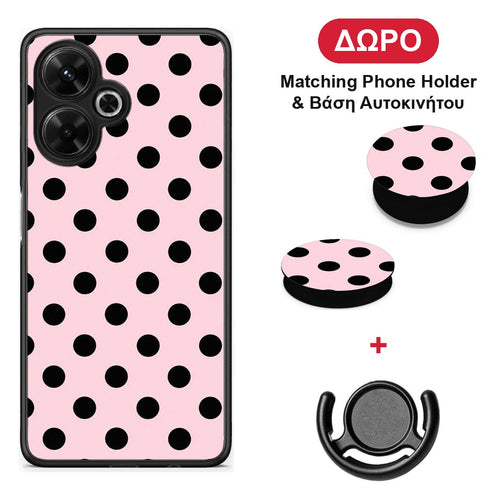 Black Polka Dots on Pink - Xiaomi Poco M6 4G θήκη + Δώρο Phone Holder & Βάση Αυτοκινήτου