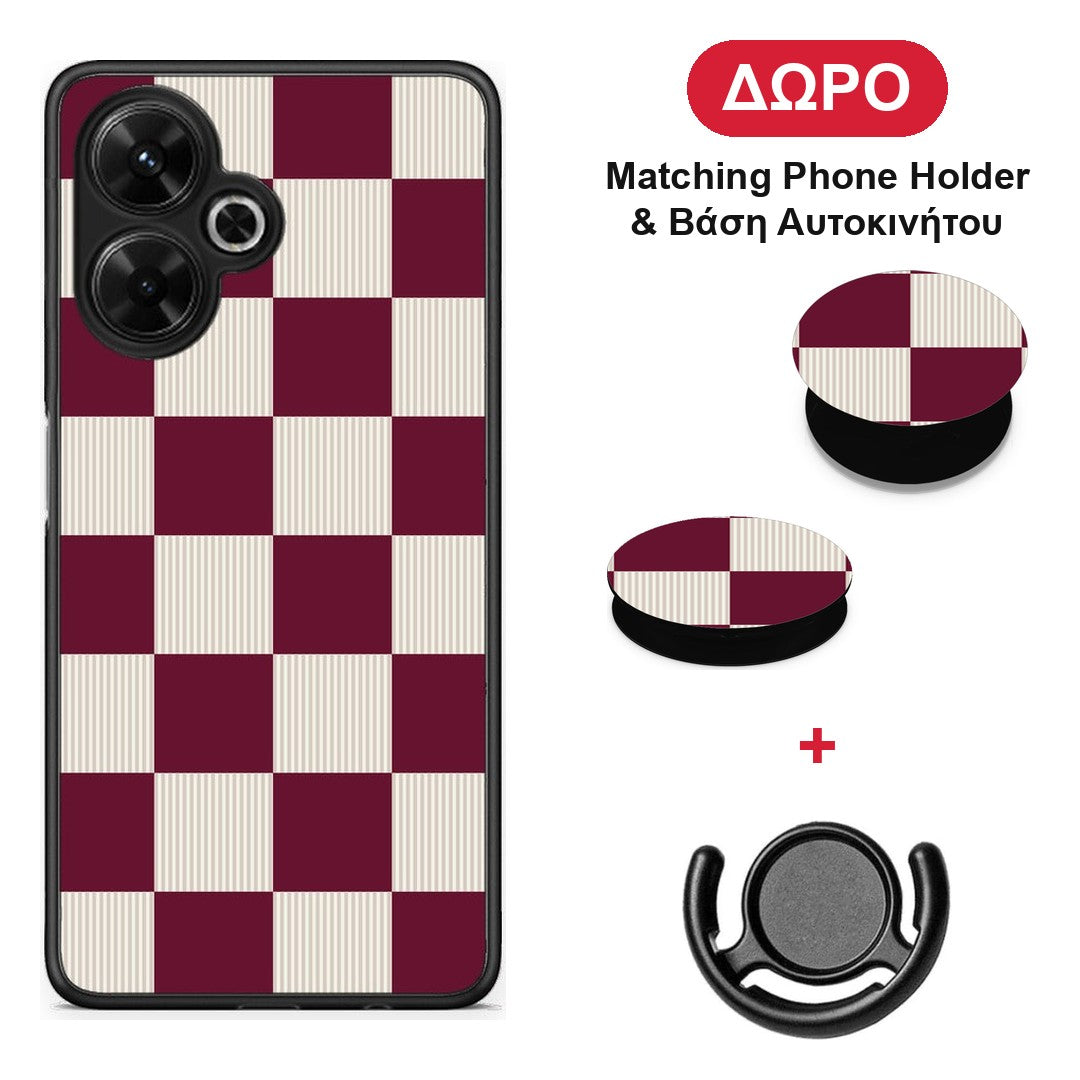 Burgundy and Cream Striped Checks - Xiaomi Poco M6 4G θήκη + Δώρο Phone Holder & Βάση Αυτοκινήτου
