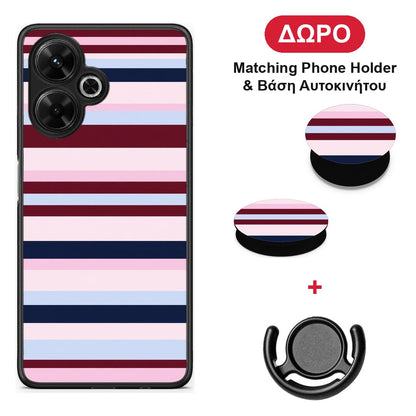 Burgundy Pink and Blue Horizontal Stripes - Xiaomi Poco M6 4G θήκη + Δώρο Phone Holder & Βάση Αυτοκινήτου