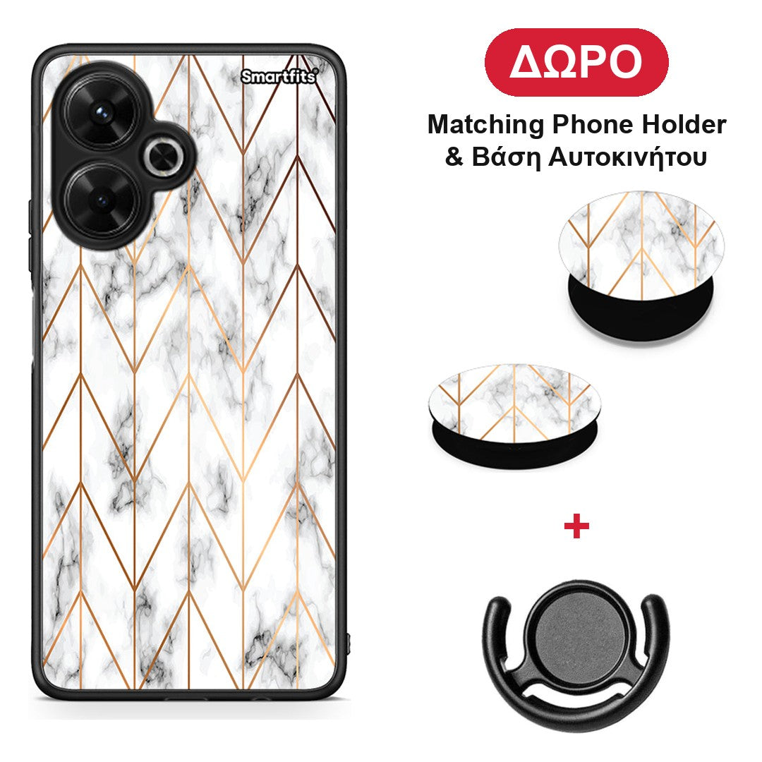 Marble Gold Geometric - Xiaomi Poco M6 4G θήκη + Δώρο Phone Holder & Βάση Αυτοκινήτου