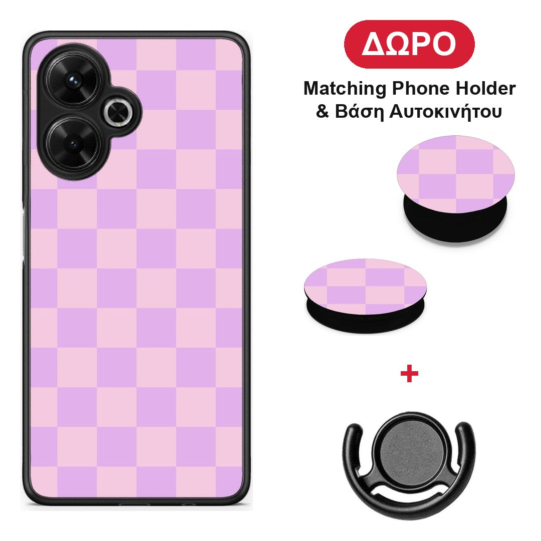 Lavender and Pink Checkerboard - Xiaomi Poco M6 4G θήκη + Δώρο Phone Holder & Βάση Αυτοκινήτου