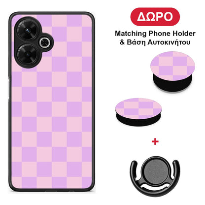 Lavender and Pink Checkerboard - Xiaomi Poco M6 4G θήκη + Δώρο Phone Holder & Βάση Αυτοκινήτου