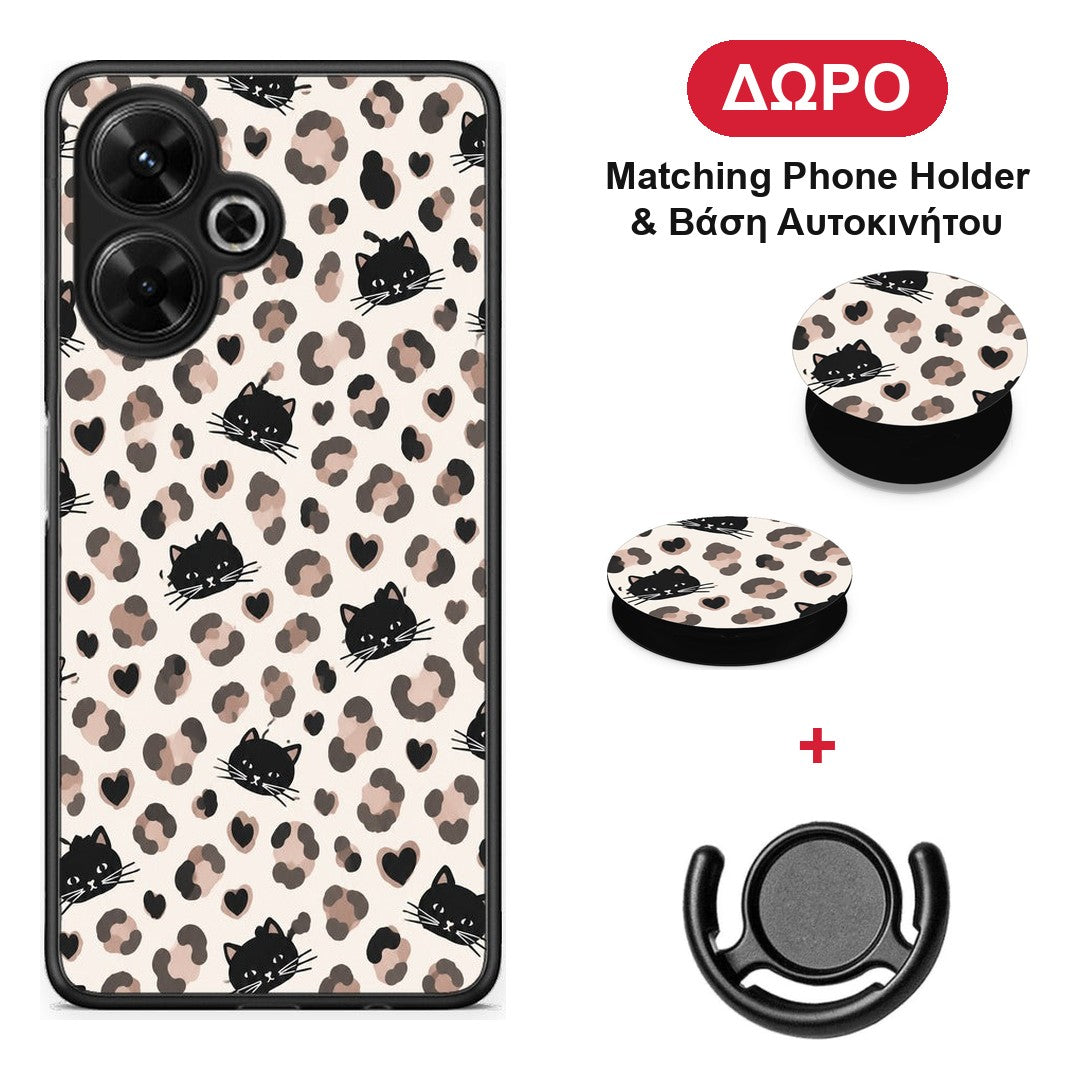 Leopard Spots and Black Cats on Cream - Xiaomi Poco M6 4G θήκη + Δώρο Phone Holder & Βάση Αυτοκινήτου