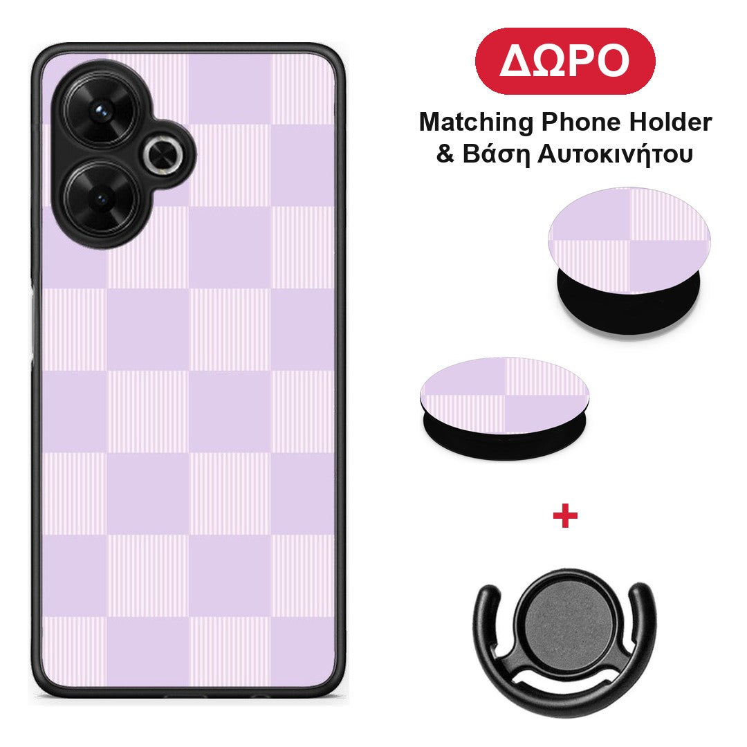 Lilac and Cream Striped Checks - Xiaomi Poco M6 4G θήκη + Δώρο Phone Holder & Βάση Αυτοκινήτου
