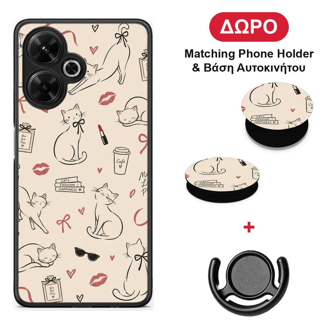 Minimal Cat and Fashion Doodles on Cream - Xiaomi Poco M6 4G θήκη + Δώρο Phone Holder & Βάση Αυτοκινήτου