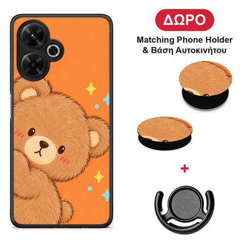 Peekaboo Teddy on Orange - Xiaomi Poco M6 4G θήκη + Δώρο Phone Holder & Βάση Αυτοκινήτου