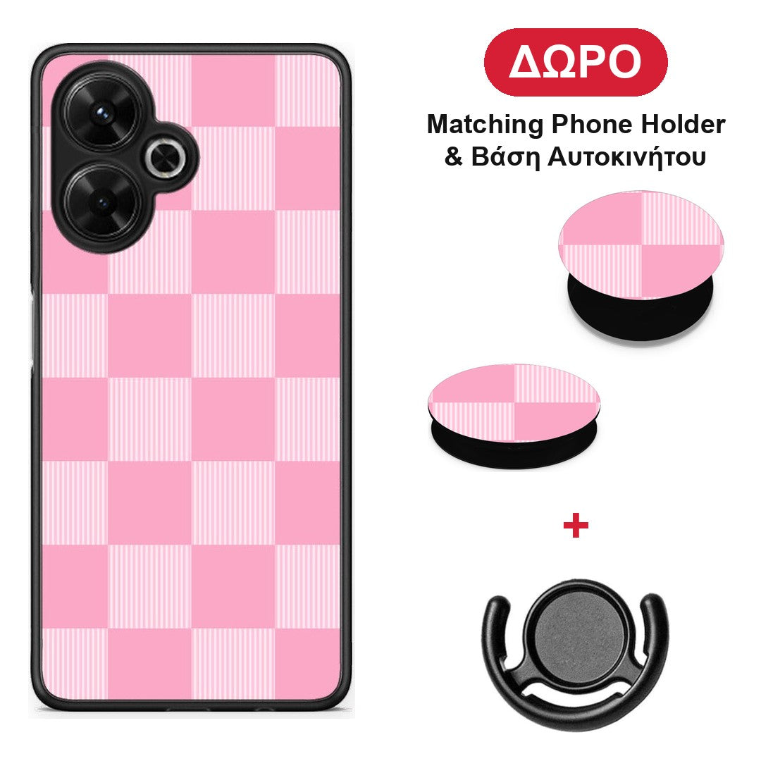 Pink and White Striped Checks - Xiaomi Poco M6 4G θήκη + Δώρο Phone Holder & Βάση Αυτοκινήτου
