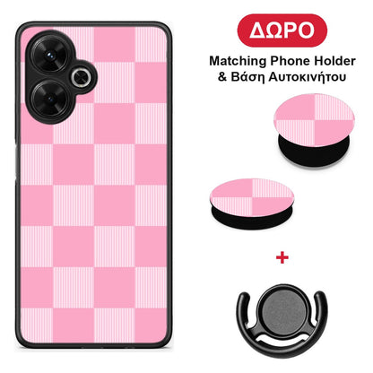 Pink and White Striped Checks - Xiaomi Poco M6 4G θήκη + Δώρο Phone Holder & Βάση Αυτοκινήτου