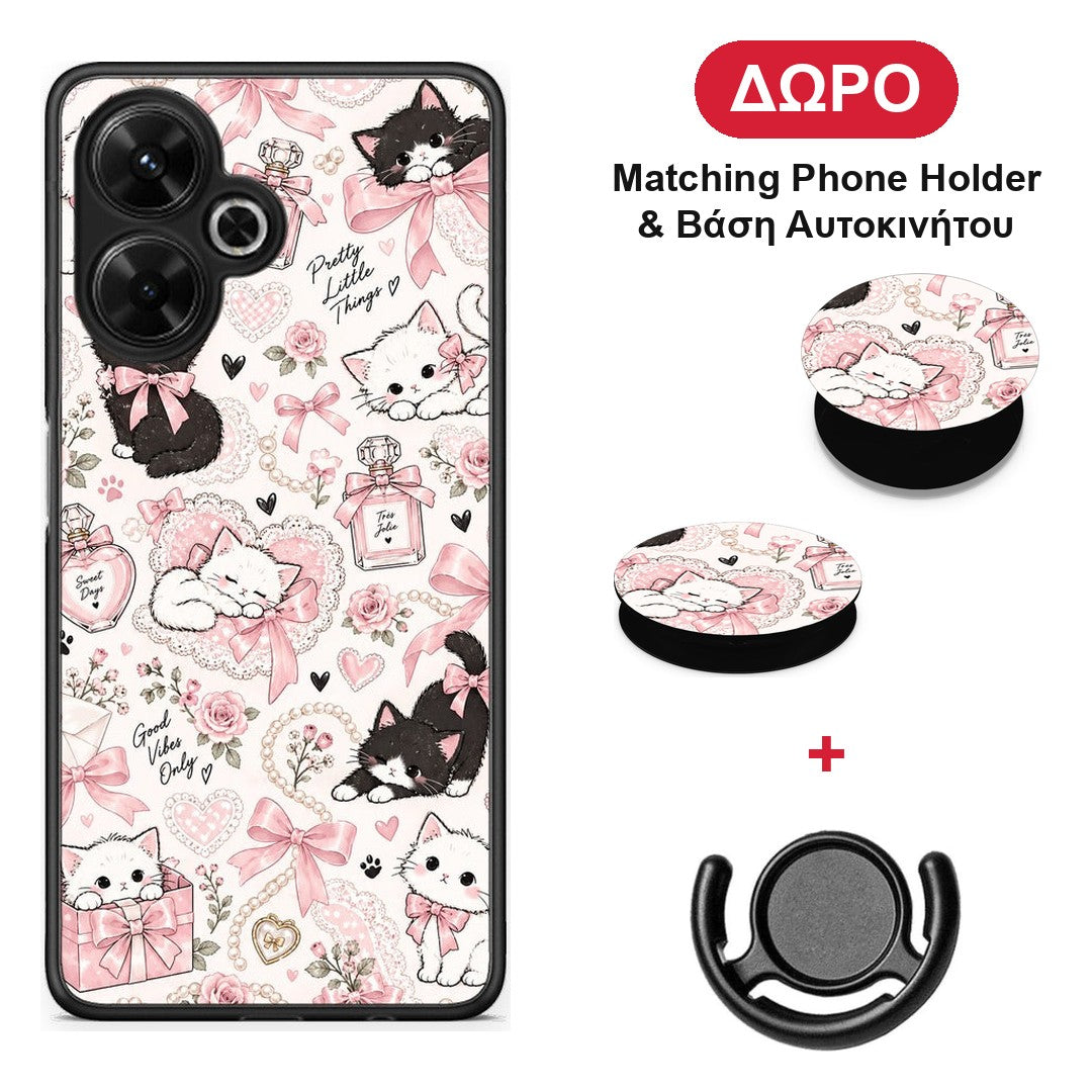 Pink Bows and Kittens Collage - Xiaomi Poco M6 4G θήκη + Δώρο Phone Holder & Βάση Αυτοκινήτου