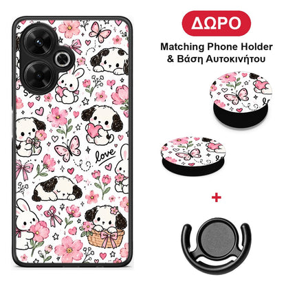 Pink Florals Puppies and Bunnies on White - Xiaomi Poco M6 4G θήκη + Δώρο Phone Holder & Βάση Αυτοκινήτου