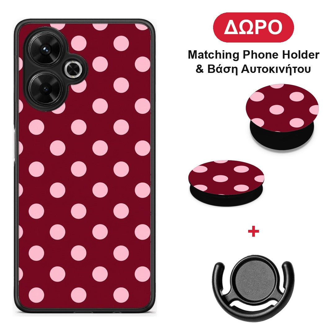 Pink Polka Dots on Burgundy - Xiaomi Poco M6 4G θήκη + Δώρο Phone Holder & Βάση Αυτοκινήτου