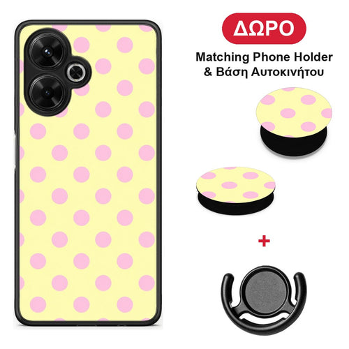 Pink Polka Dots on Yellow - Xiaomi Poco M6 4G θήκη + Δώρο Phone Holder & Βάση Αυτοκινήτου