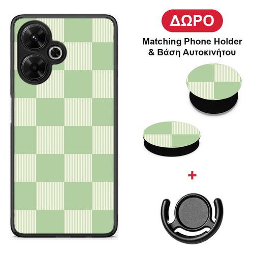 Sage and Cream Striped Checks - Xiaomi Poco M6 4G θήκη + Δώρο Phone Holder & Βάση Αυτοκινήτου