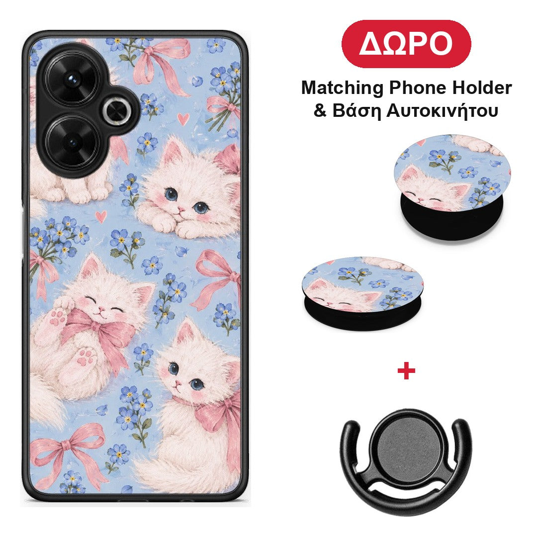 White Kittens and Blue Flowers Large - Xiaomi Poco M6 4G θήκη + Δώρο Phone Holder & Βάση Αυτοκινήτου