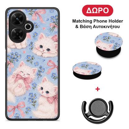 White Kittens and Blue Flowers Large - Xiaomi Poco M6 4G θήκη + Δώρο Phone Holder & Βάση Αυτοκινήτου