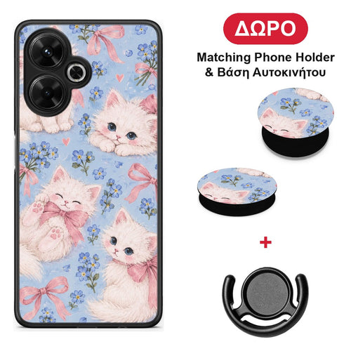 White Kittens and Blue Flowers Large - Xiaomi Poco M6 4G θήκη + Δώρο Phone Holder & Βάση Αυτοκινήτου