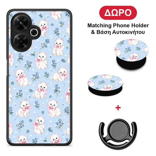 White Kittens and Blue Flowers Small - Xiaomi Poco M6 4G θήκη + Δώρο Phone Holder & Βάση Αυτοκινήτου