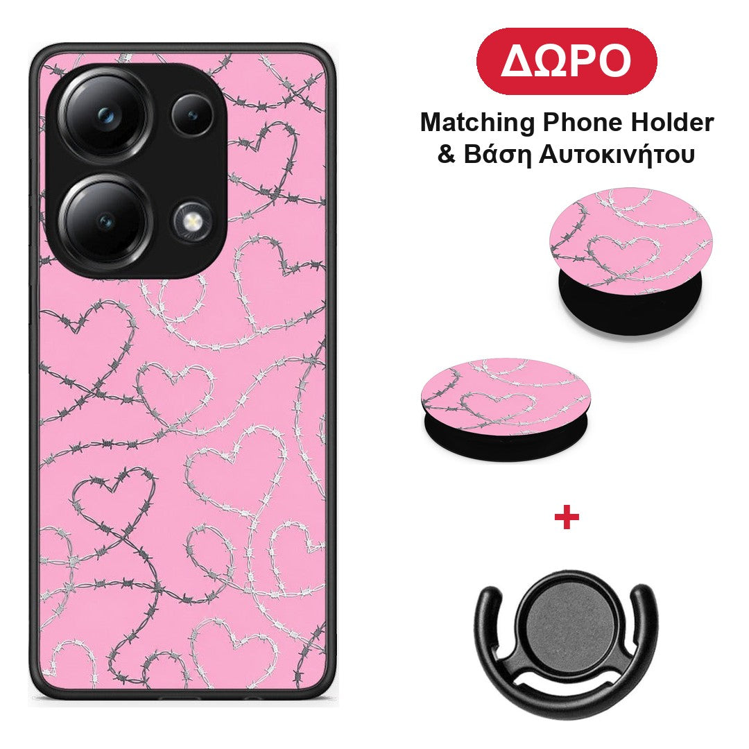 Barbed Wire Hearts on Pink - Xiaomi Poco M6 Pro θήκη + Δώρο Phone Holder & Βάση Αυτοκινήτου