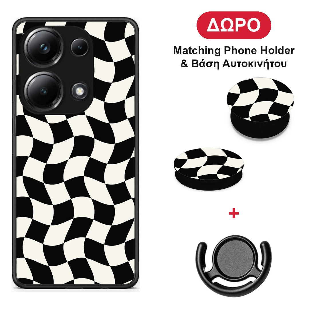 Black and Cream Wavy Checkerboard - Xiaomi Poco M6 Pro θήκη + Δώρο Phone Holder & Βάση Αυτοκινήτου