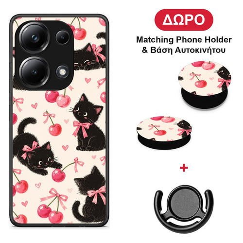 Black Kittens and Cherries on Cream - Xiaomi Poco M6 Pro θήκη + Δώρο Phone Holder & Βάση Αυτοκινήτου