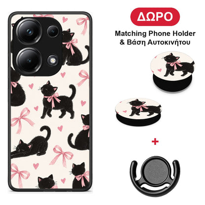 Black Kittens and Pink Bows on Cream Large - Xiaomi Poco M6 Pro θήκη + Δώρο Phone Holder & Βάση Αυτοκινήτου