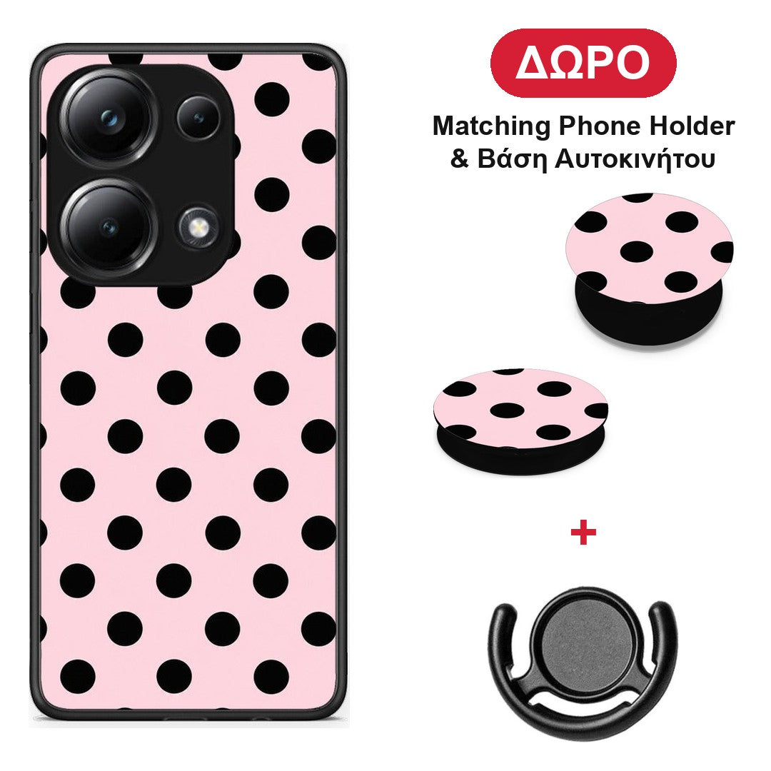 Black Polka Dots on Pink - Xiaomi Poco M6 Pro θήκη + Δώρο Phone Holder & Βάση Αυτοκινήτου