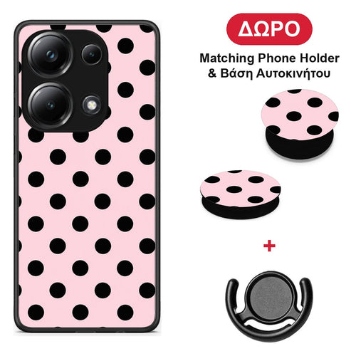 Black Polka Dots on Pink - Xiaomi Poco M6 Pro θήκη + Δώρο Phone Holder & Βάση Αυτοκινήτου
