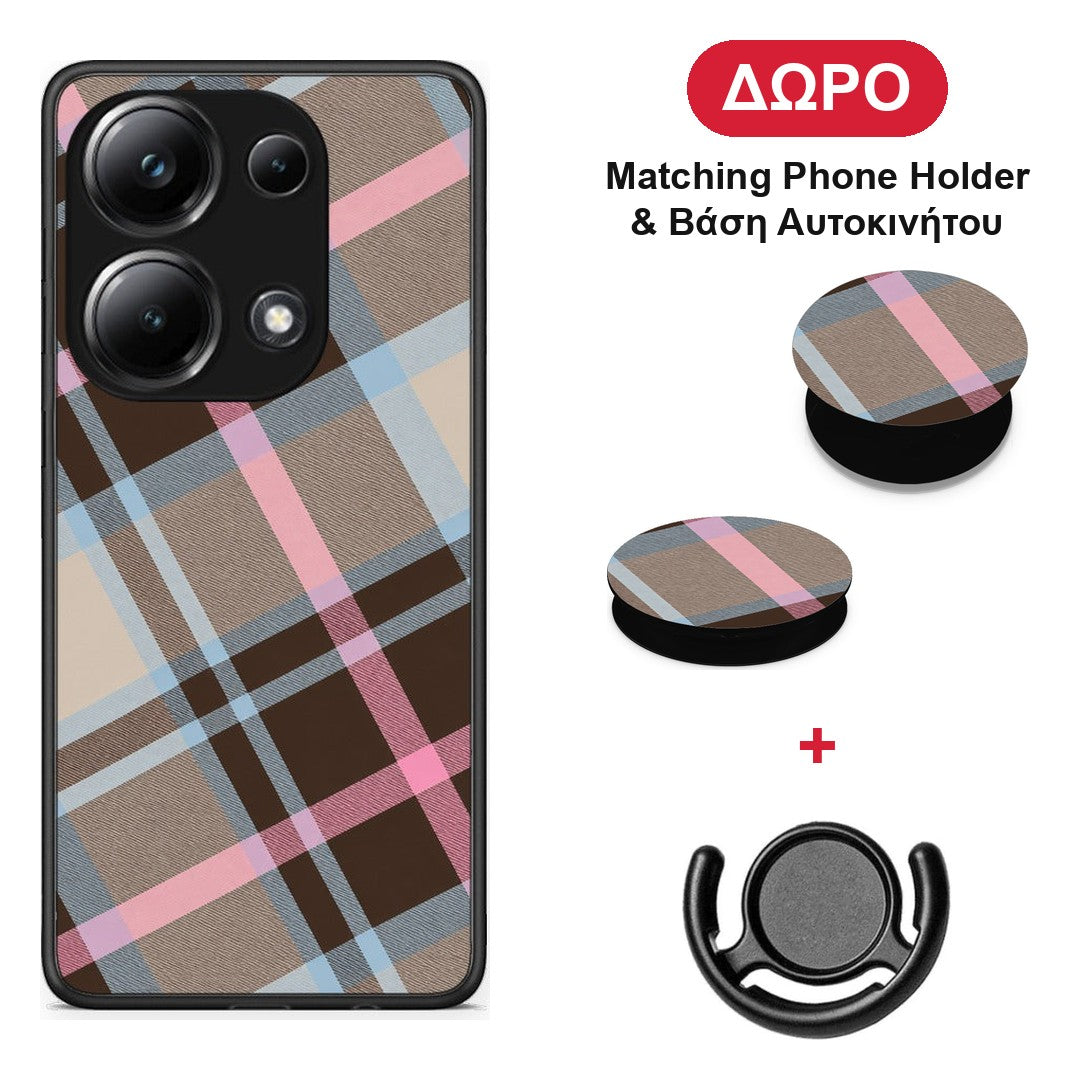 Brown Pink and Blue Diagonal Plaid - Xiaomi Poco M6 Pro θήκη + Δώρο Phone Holder & Βάση Αυτοκινήτου