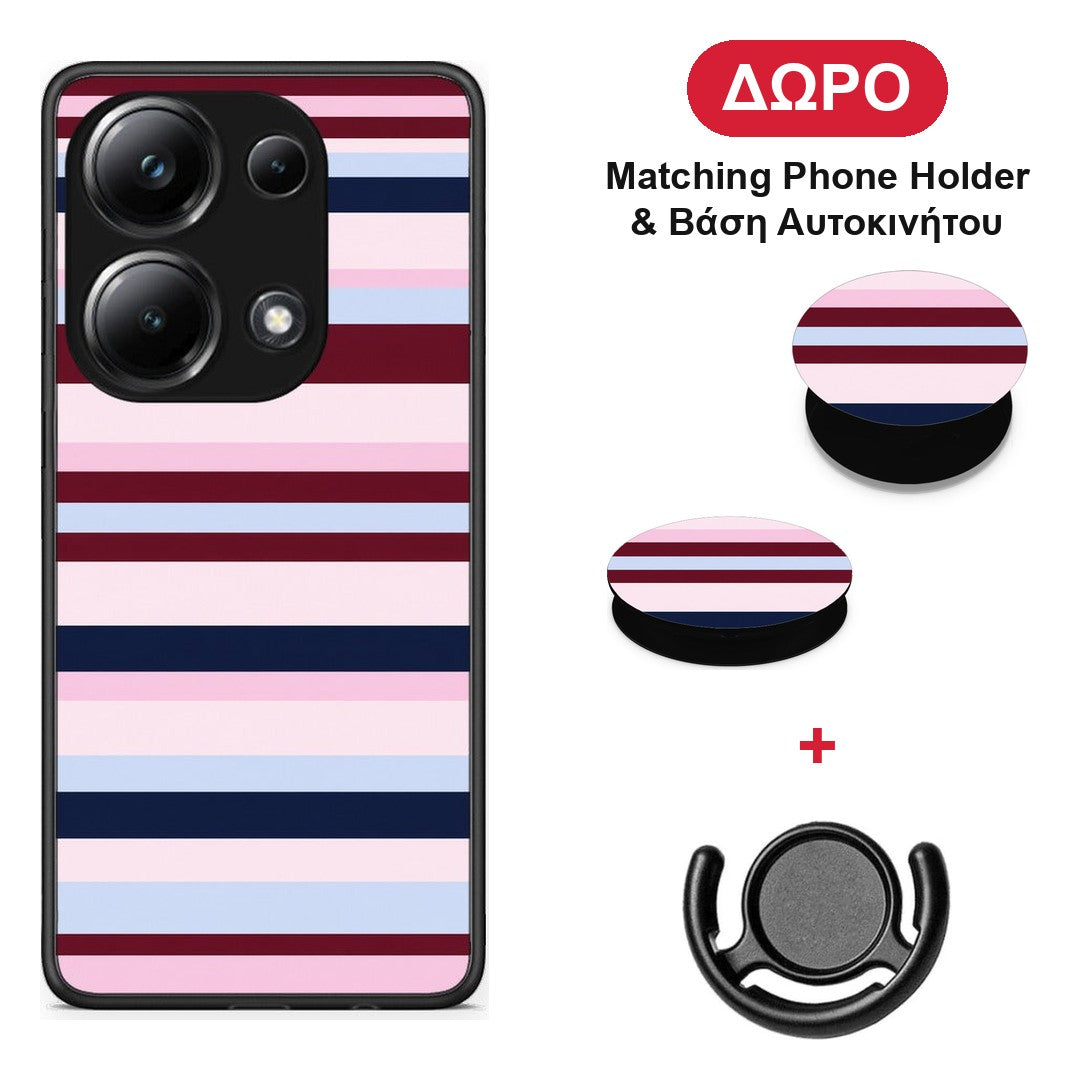 Burgundy Pink and Blue Horizontal Stripes - Xiaomi Poco M6 Pro θήκη + Δώρο Phone Holder & Βάση Αυτοκινήτου