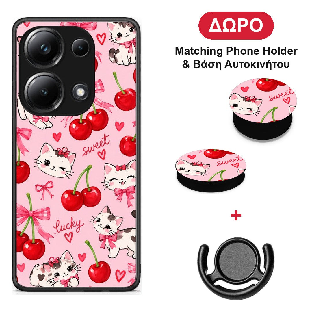 Cherries Bows and Kittens on Pink - Xiaomi Poco M6 Pro θήκη + Δώρο Phone Holder & Βάση Αυτοκινήτου
