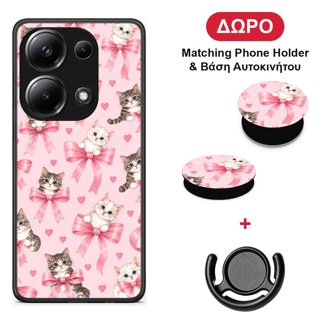 Kittens and Pink Bows on Pink - Xiaomi Poco M6 Pro θήκη + Δώρο Phone Holder & Βάση Αυτοκινήτου