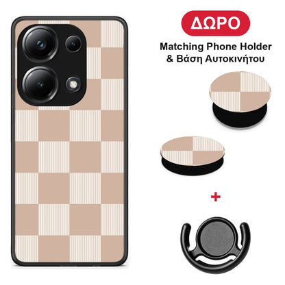 Latte and Cream Striped Checks - Xiaomi Poco M6 Pro θήκη + Δώρο Phone Holder & Βάση Αυτοκινήτου