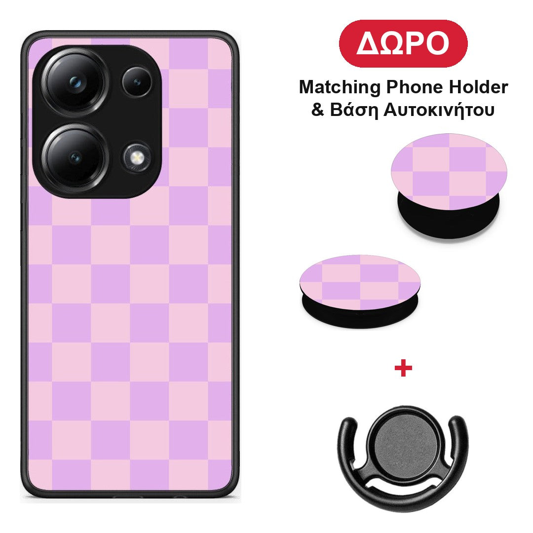 Lavender and Pink Checkerboard - Xiaomi Poco M6 Pro θήκη + Δώρο Phone Holder & Βάση Αυτοκινήτου