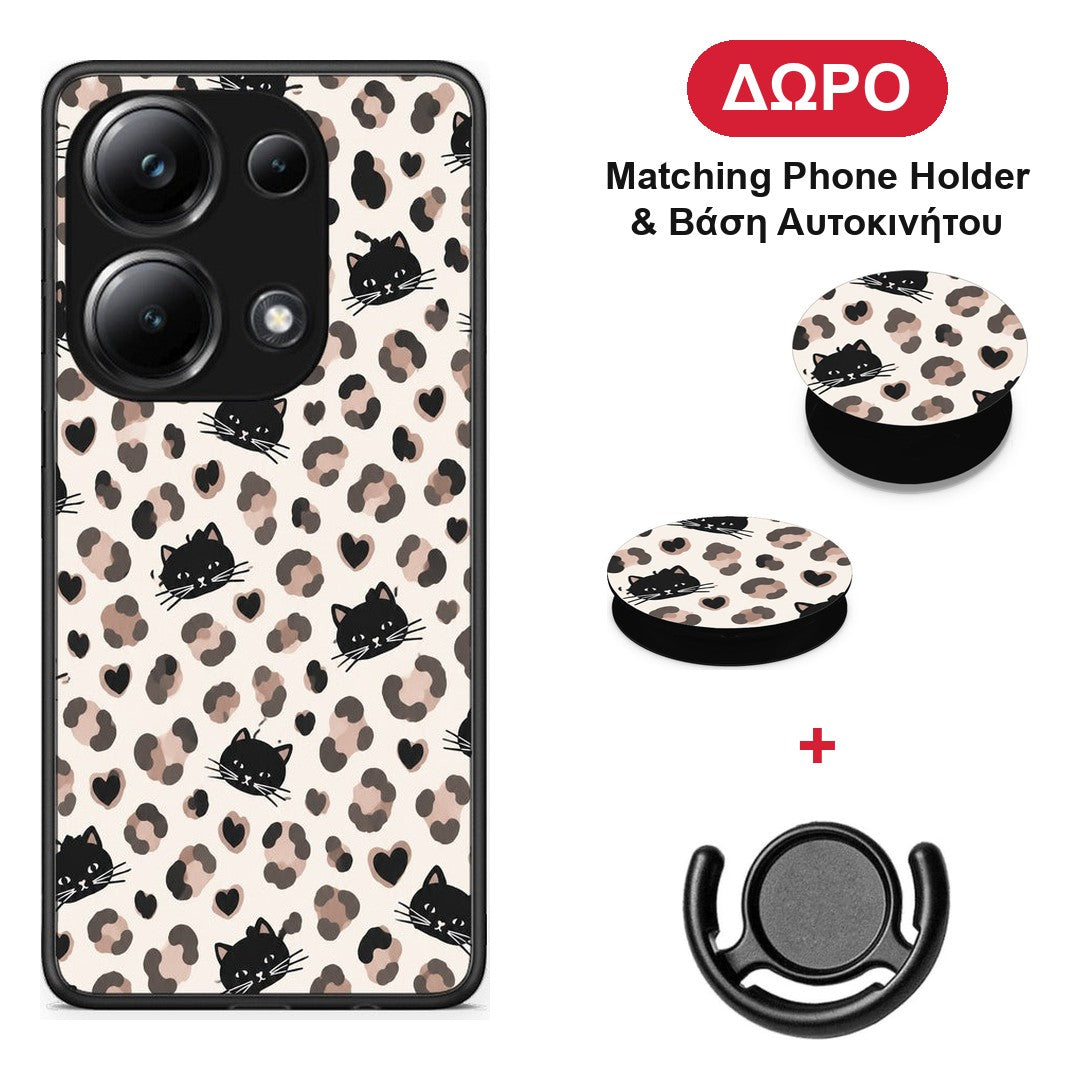Leopard Spots and Black Cats on Cream - Xiaomi Poco M6 Pro θήκη + Δώρο Phone Holder & Βάση Αυτοκινήτου