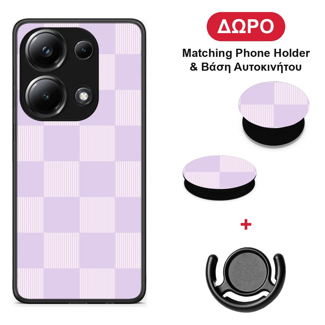 Lilac and Cream Striped Checks - Xiaomi Poco M6 Pro θήκη + Δώρο Phone Holder & Βάση Αυτοκινήτου