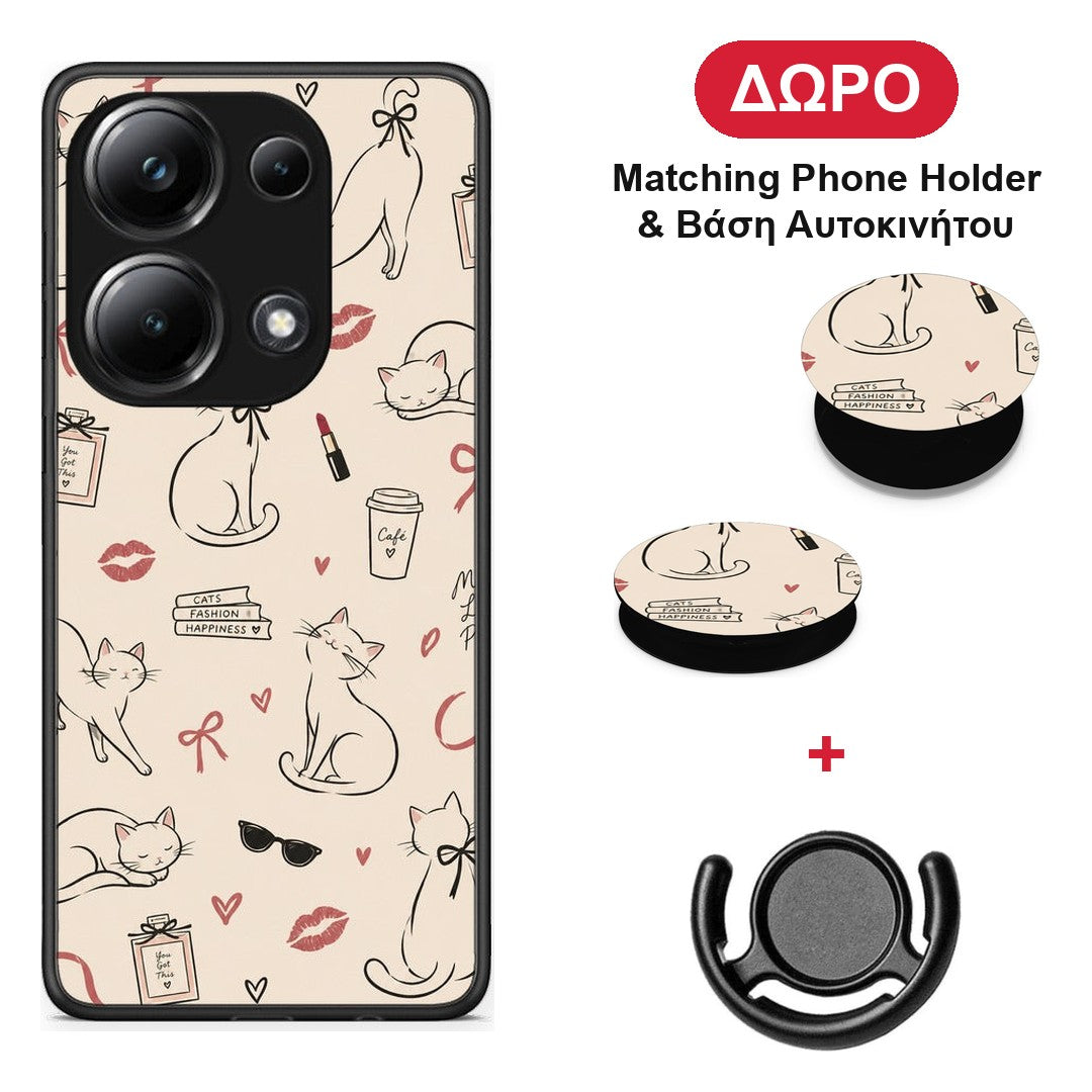 Minimal Cat and Fashion Doodles on Cream - Xiaomi Poco M6 Pro θήκη + Δώρο Phone Holder & Βάση Αυτοκινήτου
