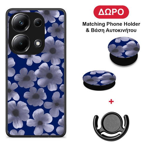 Pale Blue Flowers on Navy - Xiaomi Poco M6 Pro θήκη + Δώρο Phone Holder & Βάση Αυτοκινήτου