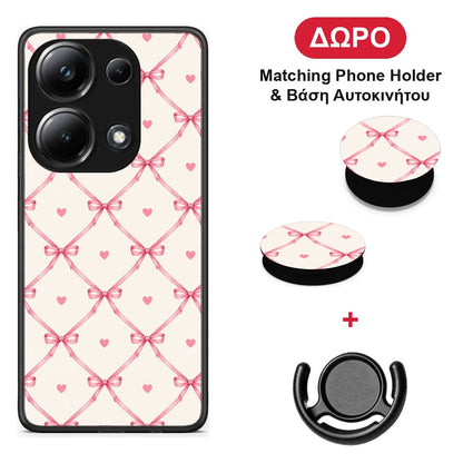 Pink Bow Lattice and Hearts on Cream - Xiaomi Poco M6 Pro θήκη + Δώρο Phone Holder & Βάση Αυτοκινήτου