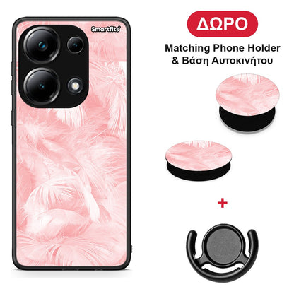 Boho Pink Feather - Xiaomi Poco M6 Pro θήκη + Δώρο Phone Holder & Βάση Αυτοκινήτου
