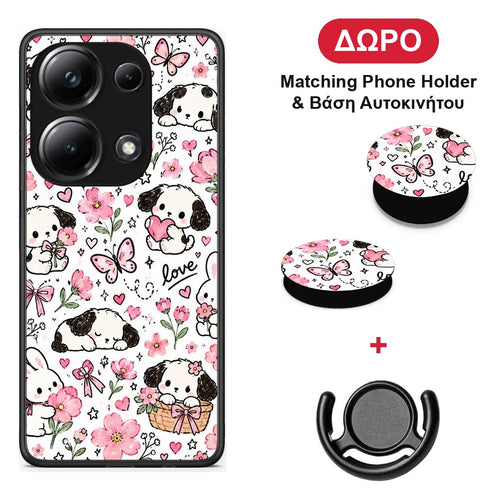 Pink Florals Puppies and Bunnies on White - Xiaomi Poco M6 Pro θήκη + Δώρο Phone Holder & Βάση Αυτοκινήτου