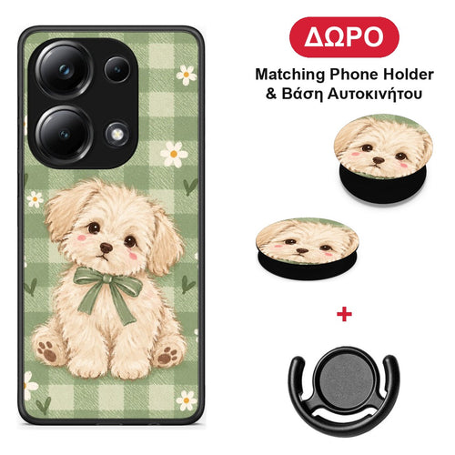 Puppy and Daisies on Sage Gingham - Xiaomi Poco M6 Pro θήκη + Δώρο Phone Holder & Βάση Αυτοκινήτου