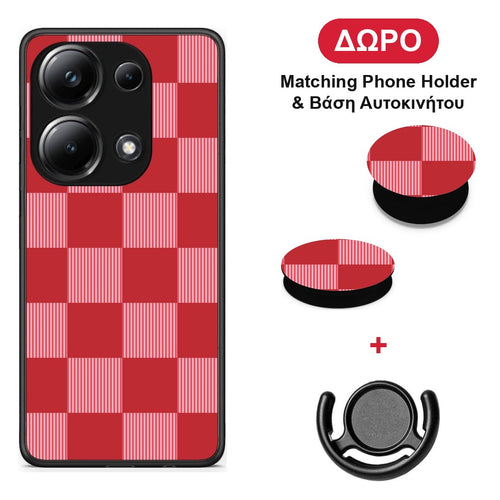Red and Pink Striped Checks - Xiaomi Poco M6 Pro θήκη + Δώρο Phone Holder & Βάση Αυτοκινήτου