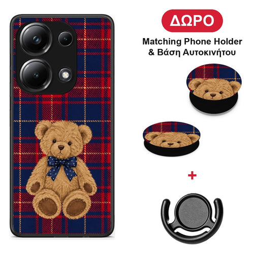 Teddy Bear on Red and Navy Tartan - Xiaomi Poco M6 Pro θήκη + Δώρο Phone Holder & Βάση Αυτοκινήτου