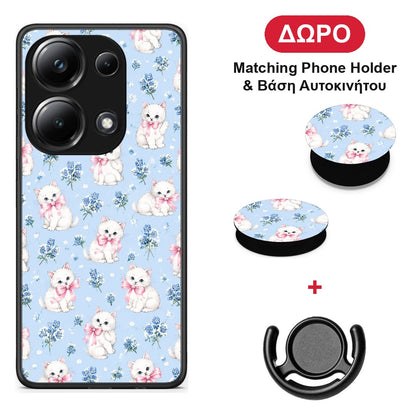 White Kittens and Blue Flowers Small - Xiaomi Poco M6 Pro θήκη + Δώρο Phone Holder & Βάση Αυτοκινήτου